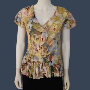 Vtg VIOLET & CLAIRE Floral Ruffle Jabot Chiffon Button Down Fairycore Blouse